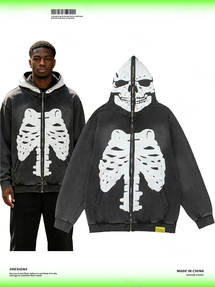 Men's Skull Skeleton Foil Print Retro Hoodie Cotton Casual Sweatshirt Long Sleeve Zipper Closure Streetwear Style Coat