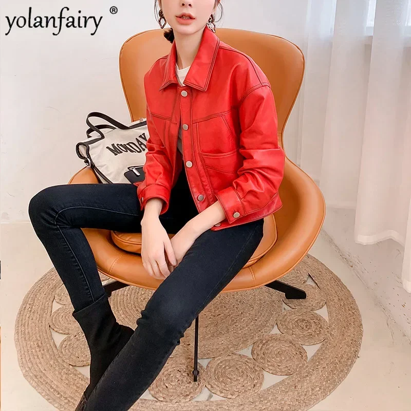 YOLANFAIRY سترات من جلد الغنم النقي للنساء الكورية ربيع الخريف سترة قصيرة الإناث الملابس الجلدية الطبيعية الأحمر فضفاض FC #4