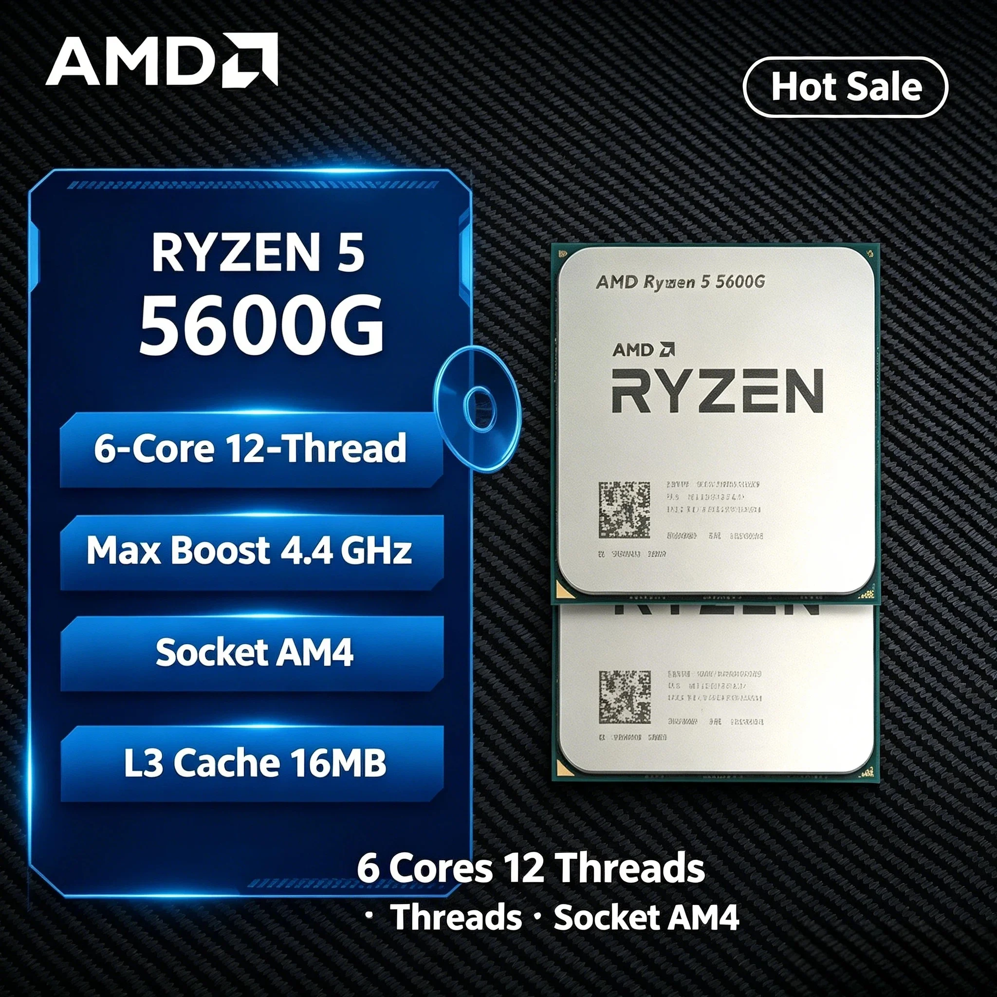 Procesador AMD Ryzen 5 5600G R5 5600G, 6 Núcleos, 12 Subprocesos, 4.4GHz, Desbloqueado, para PC de Escritorio, Socket AM4, para Juegos, APU, en Bandeja, Sin Ventilador, Pro Max