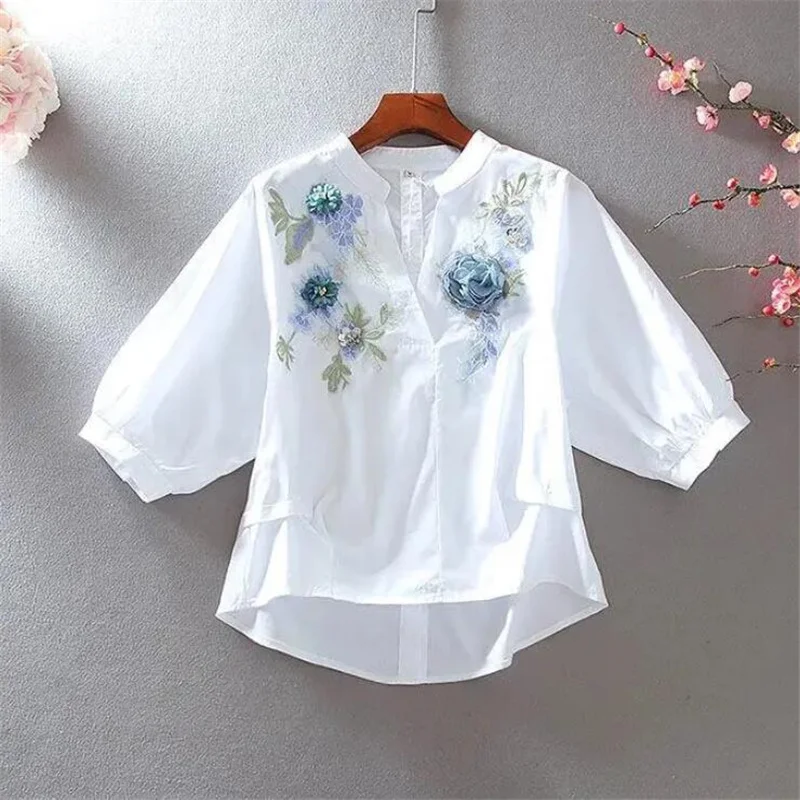 Blouse Loose V-neck Top for Women Summer Thin Blusas Cover Belly Pulover Bluses Female Shir Half Sleeve Embroidered Shirt Women