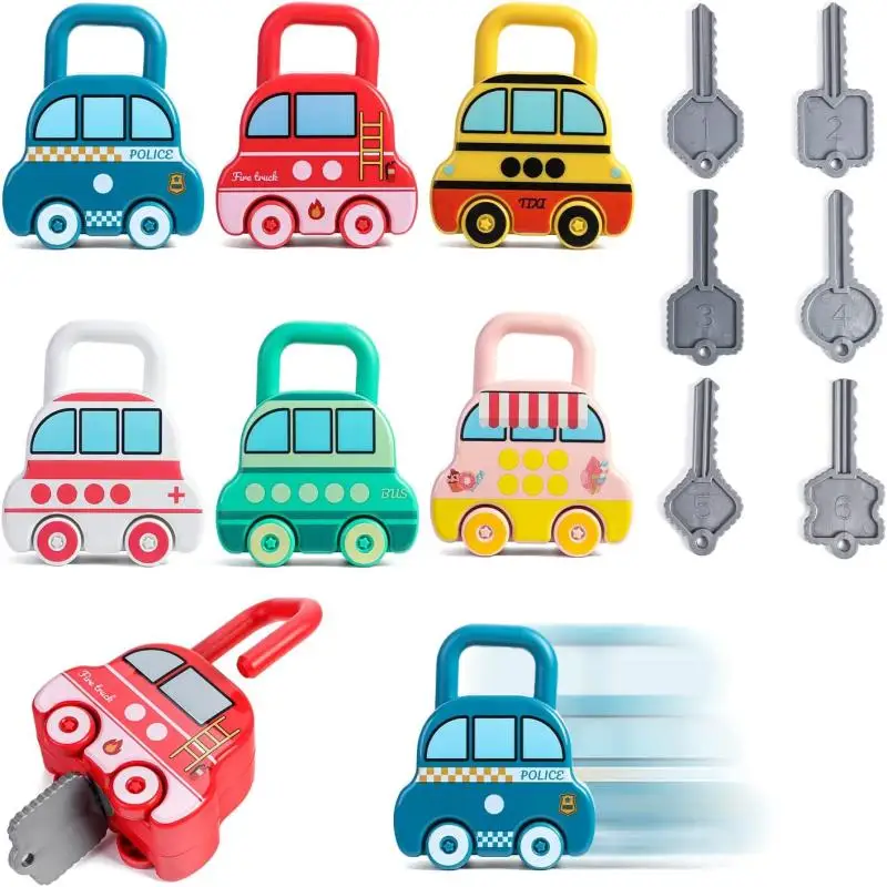 

Montessori Educational Toys Toddler Lock and Key Kids Toys Sensory Number Matching Sorting Game Baby Learning Unlock Key Car Toy