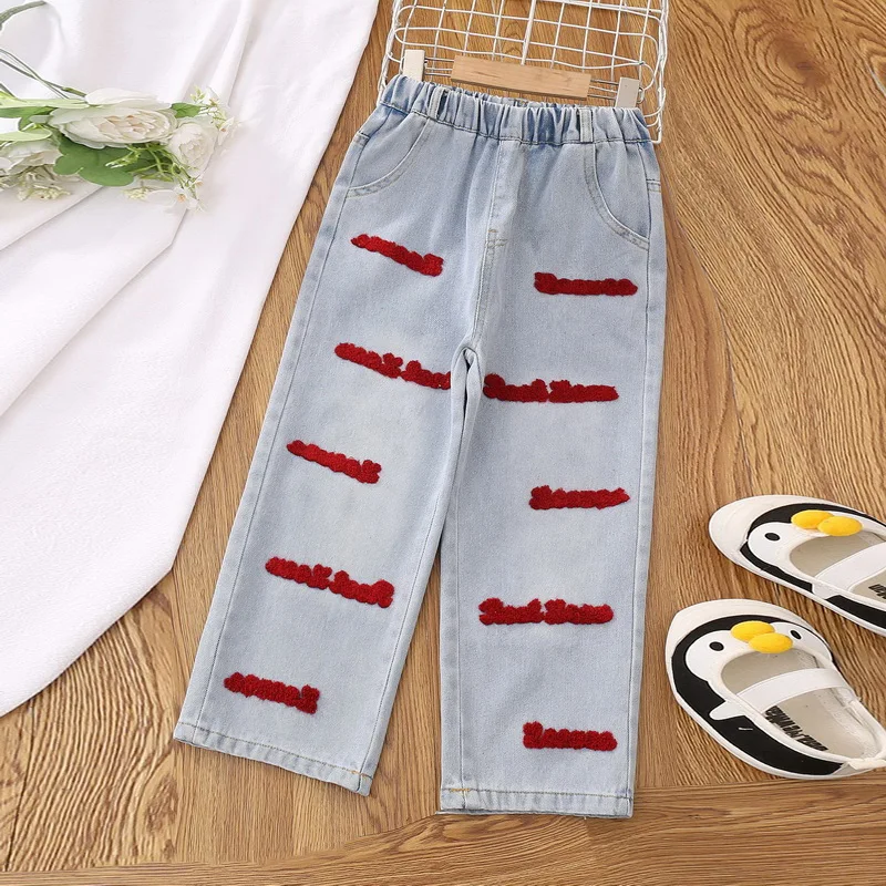 Girls School Wide Leg Pants Towel Embroidery Letter Casual Loose 2024 Kids Fashion Long Jeans Children Korean Style Trousers