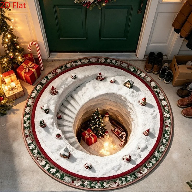 Christmas Area Rugs 2D Flat 3D Illusion Snow Steps Pit Front Door Back Door Festive Home Decor Round Carpet Large Floor Mat