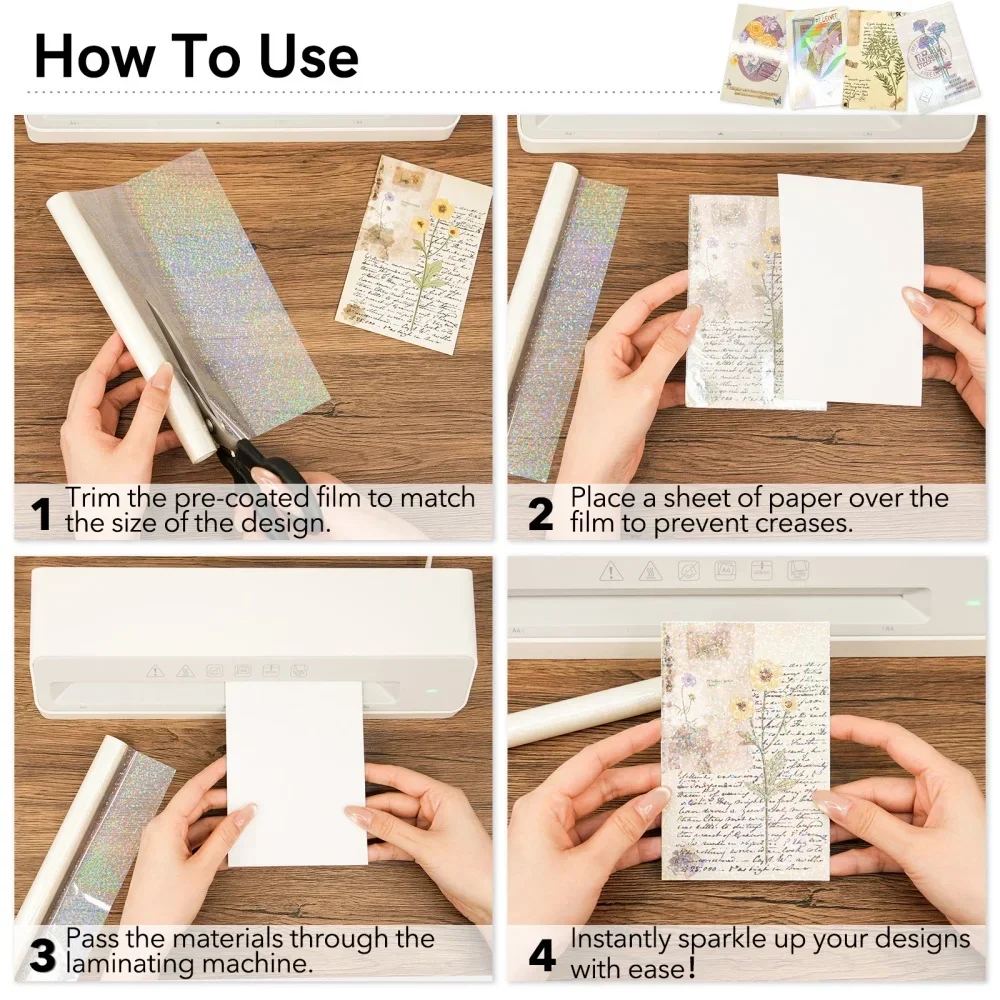 22x500cm BOPP Holographic Precoated Film Clear Waterproof Scratch-Proof Film Roll Compatible with Laminators for DIY Paper Craft