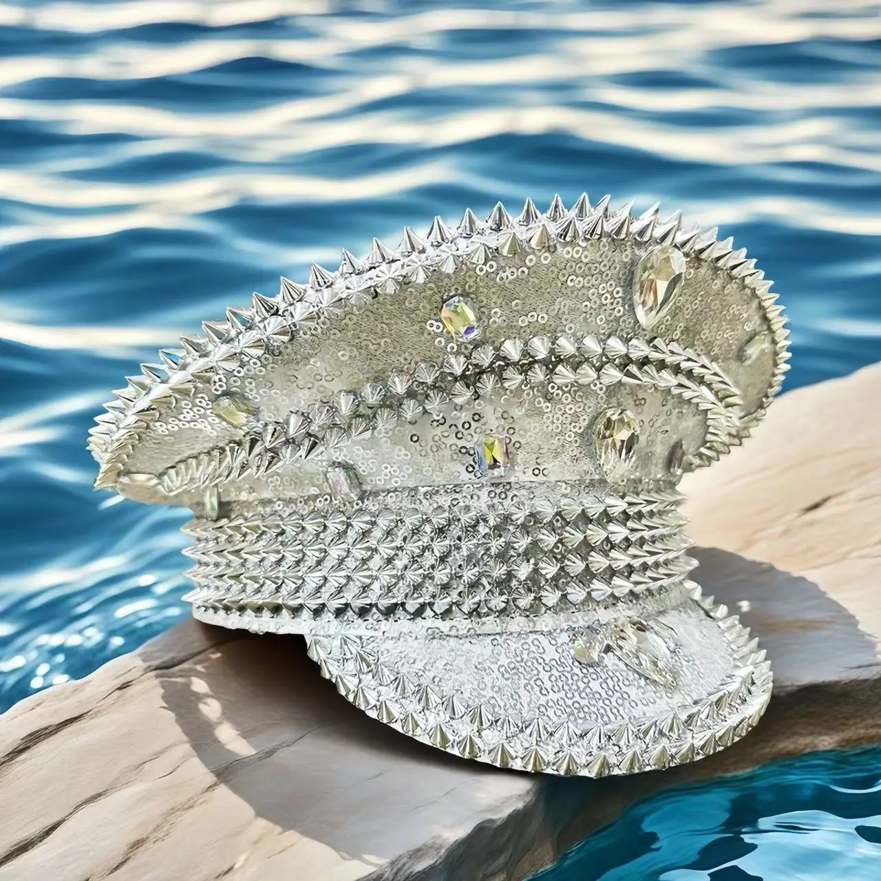 

Steampunk Captain Hat Rhinestone for Burning Man Festival Woman, Vintage Military Accessories & Cap for Man