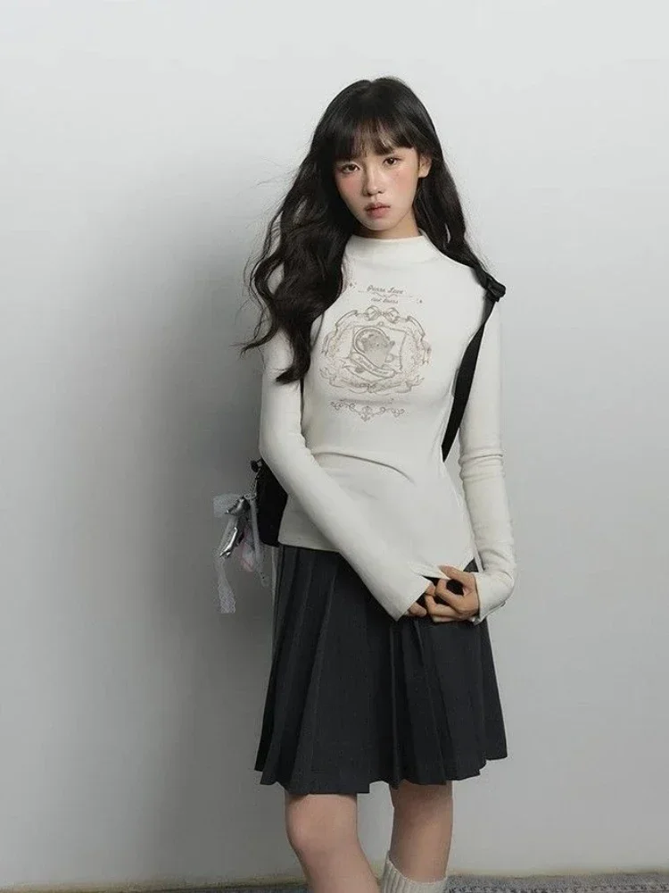 Y2K تي شيرت أبيض جرافيك للسيدات صيفي جديد عتيق Harajuku بأكمام طويلة نصف الياقة المدورة ملابس شارع عصرية كورية #1