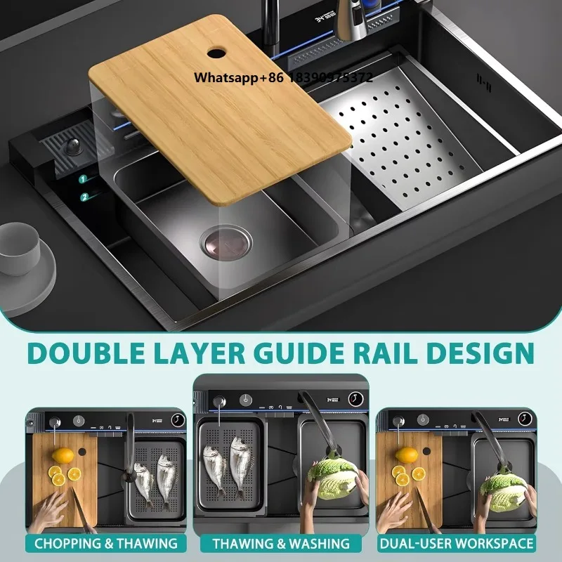 Smart Modern Waterfall Kitchen Sink 315x177 Inch Drop Stainless Steel Digital Display Large Single Bowl Workstation