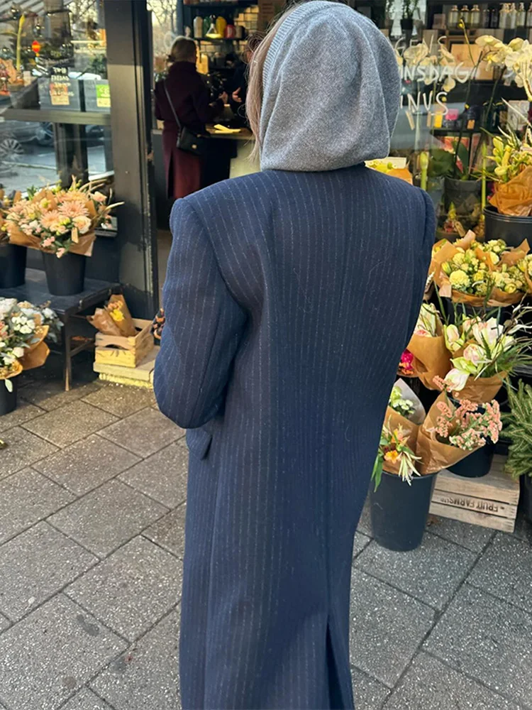 

Длинное пальто в полоску с подкладкой на плечах в стиле ретро, женское повседневное свободное однобортное пальто с лацканами, женские классические уличные пальто 2025 года