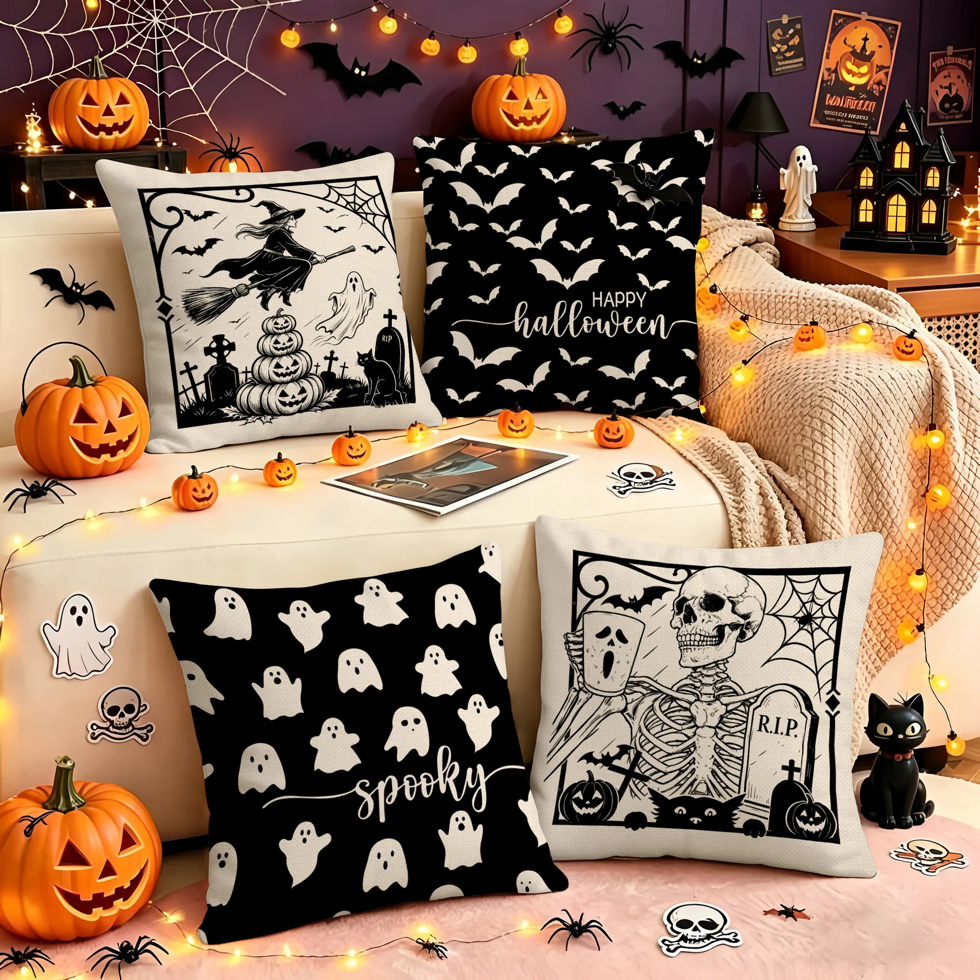2 Stück Halloween-Kissenbezüge mit Geistermotiv, Totenkopf-Kissenhülle, Dekokissenbezug für Wohnzimmer, Sofakissenbezug – Detail 3
