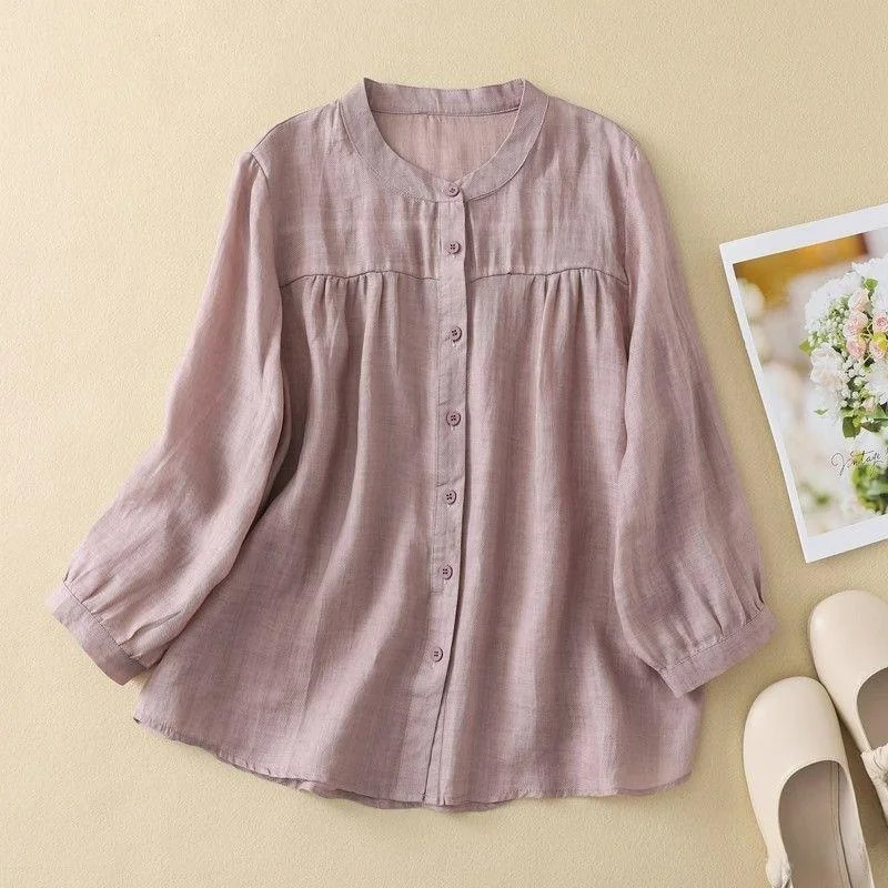 

Женская хлопково-льняная рубашка со скидкой, с эластичными рукавами, тонкая, для весны, лета и осени, однотонная, повседневная, деловая, офисная одежда