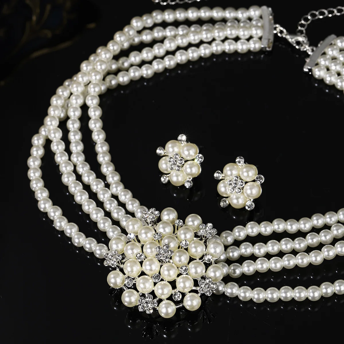 3pc New Multi-layer Pearl Necklace Earrings Exaggerated Temperament Jewelry Set Luxury Bridal Wedding Accessories As Gifts、 image 5