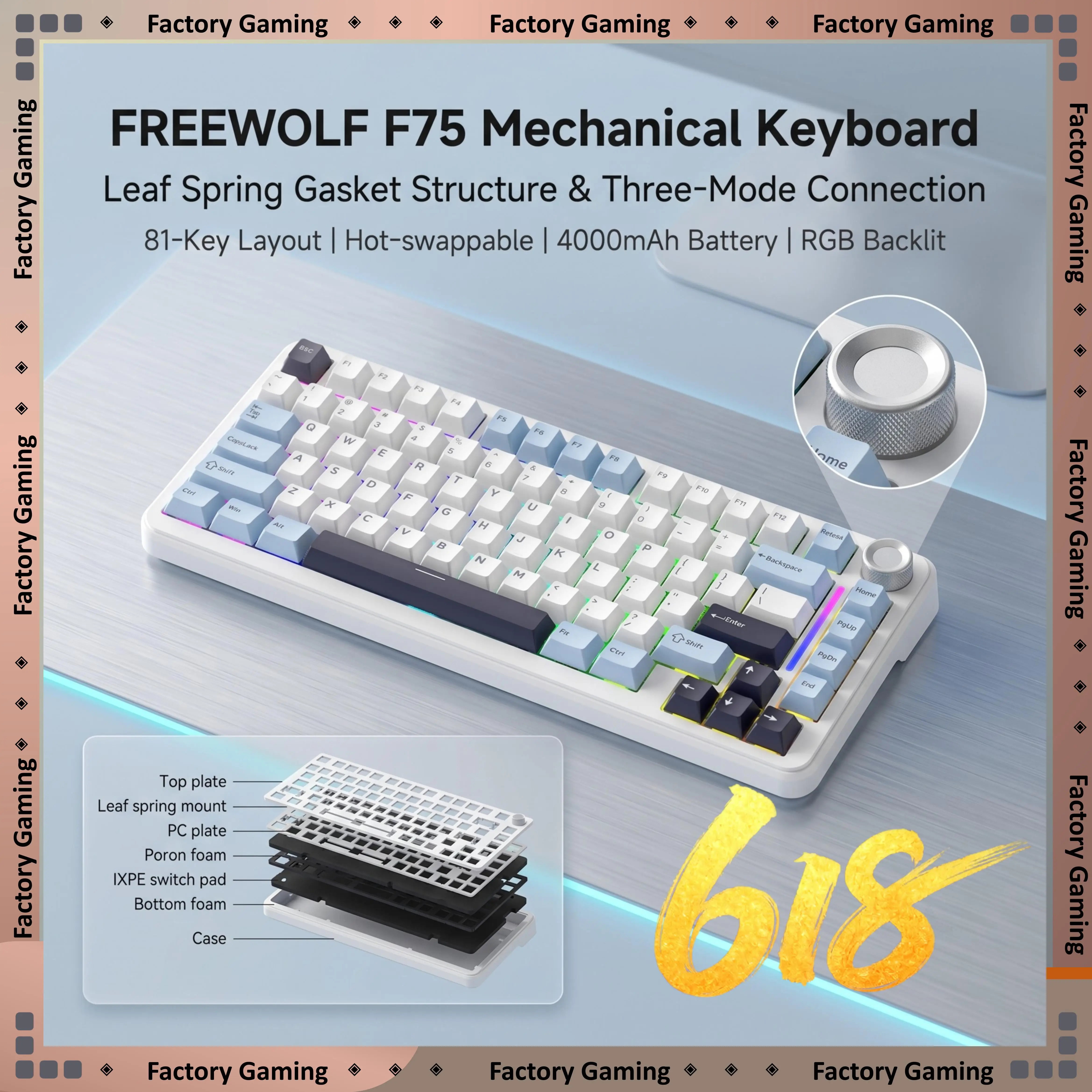 FREEWOLF F75 Tri-Mode Mechanical Keyboard PBT Double Shot Keycap Leaf Spring Gasket Full Hot-Swap RGB Backlit Metal Knob