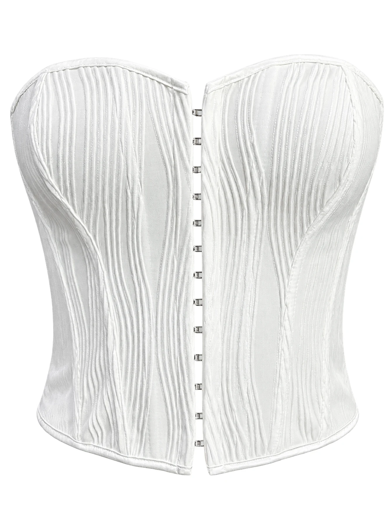 Women Strapless Corset Bustier Top Front Hook Closure Back Lace Up Textured White Waist Cinching Crop Top
