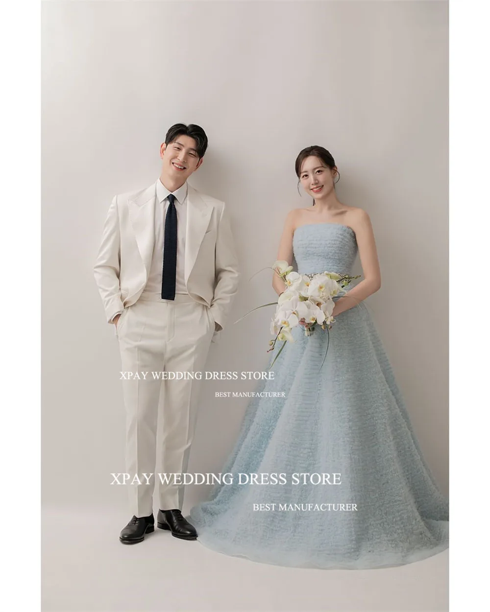 XPAY Strapless Sky Blue Korea Evening Dresses Pleats Tassel Wedding Photo Shoot Fairy Sleeveless Formal Custom Bride Party Dress