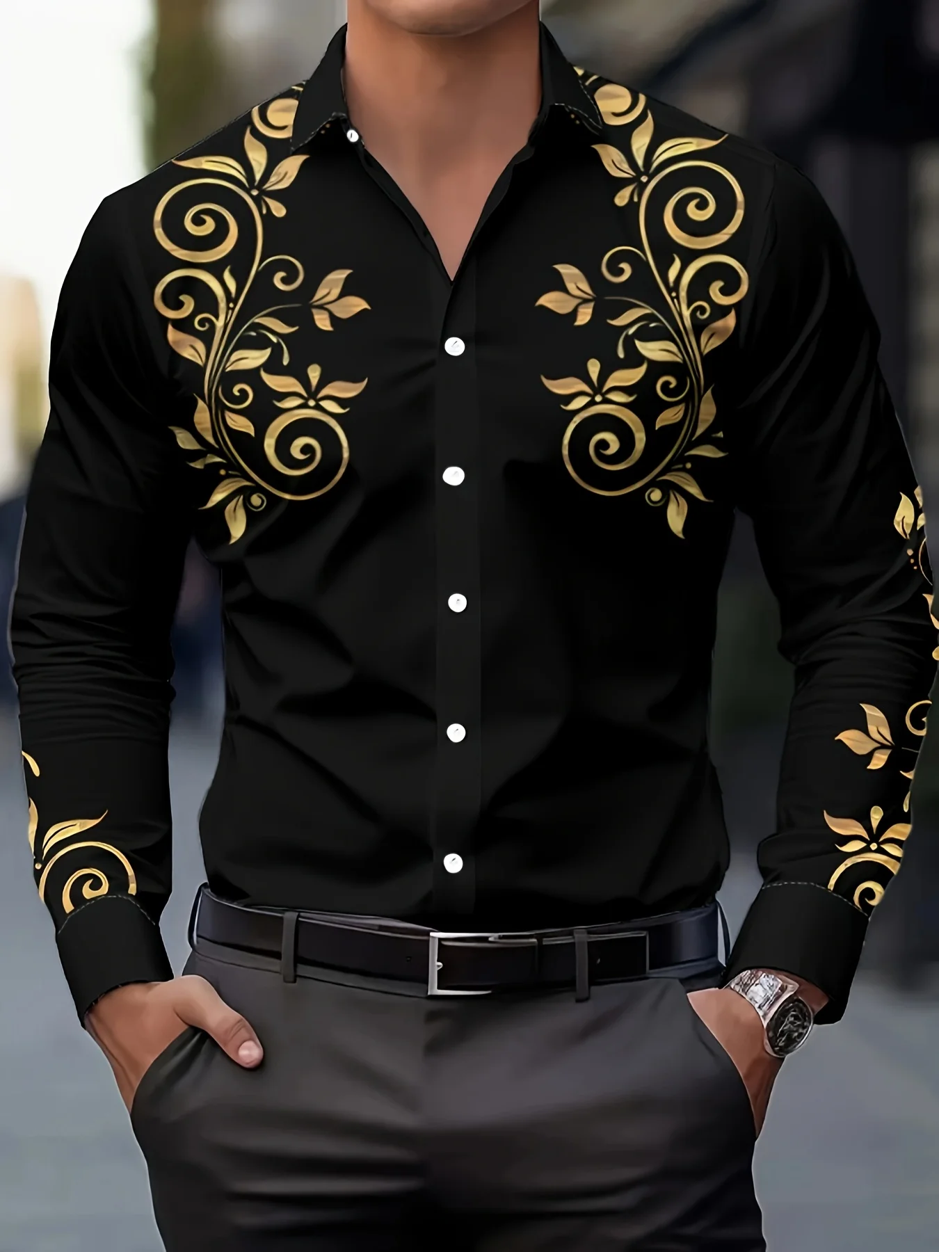 

Everyday Comfort Men's Stylish Casual Button-Up Shirt - Breathable Polyester, Long Sleeve with Elegant Golden Floral Print