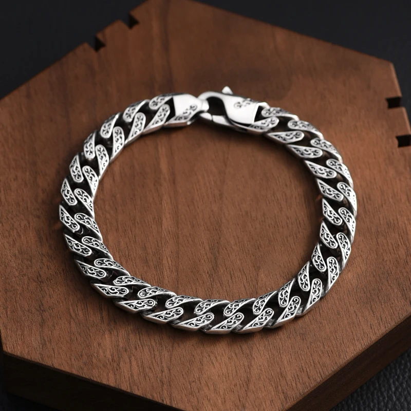 ZABRA 925 Silver Cuban Bracelet Men\'s Vintage Tang Grass Pattern Men\'s Handicraft Dragon Year Gift