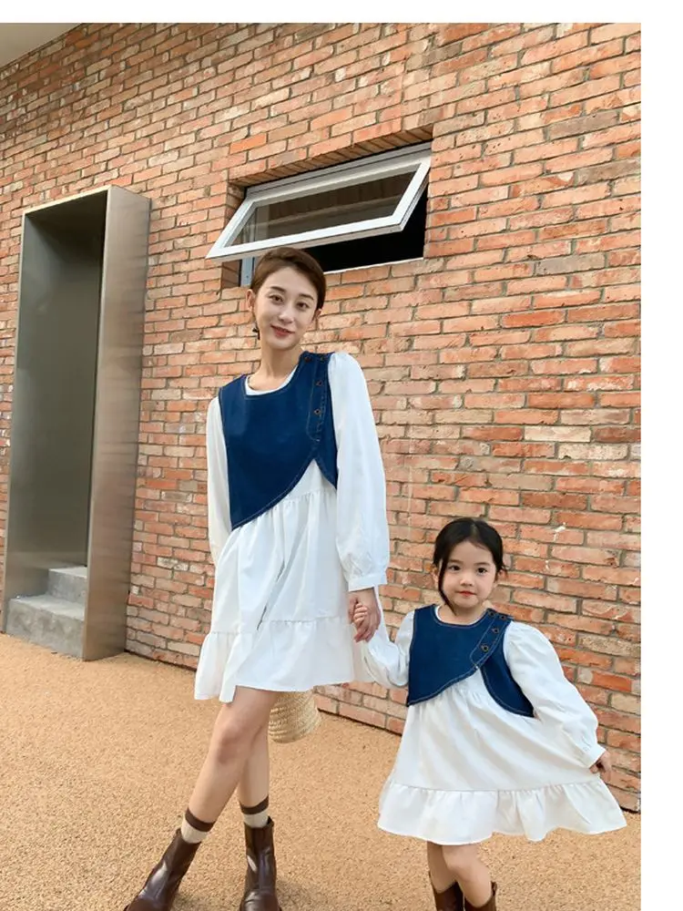 Family Matching Outfits Denim Vest White Dress Mom and Daughter Spring Summer Ruflle Girl Baby Retro O-neck Solid Japan Style