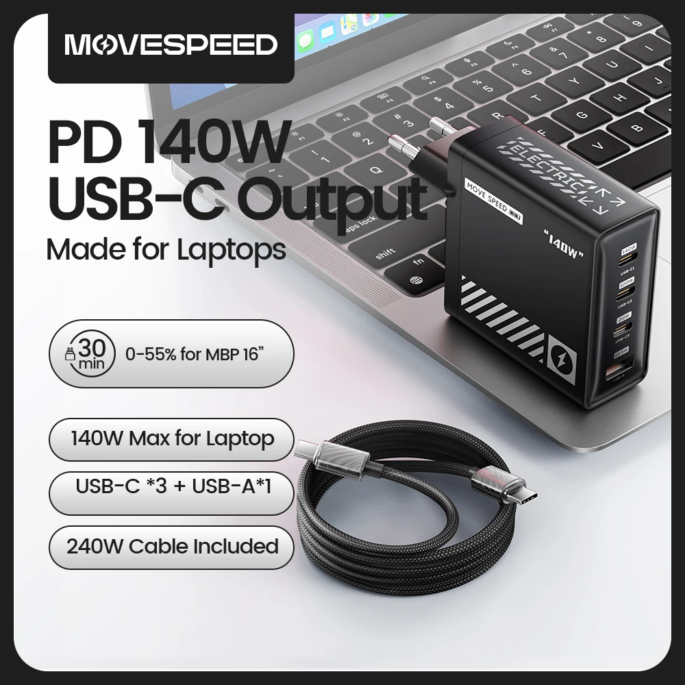 

MOVESPEED 140W USB C Charger for MacBook Pro Air PD3.1 100W Type C Charging Station for iPhone 16 Lenovo Dell HP Surface Laptops