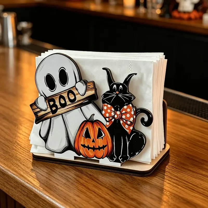 Halloween Wooden Napkin Holder, Cute Black Cat Pumpkin BOO Table Napkin Dispenser, Fall Halloween Table Centerpiece Decor, Spooky Farmhouse Kitchen Dining Table Decorations for Halloween Party Home Decor