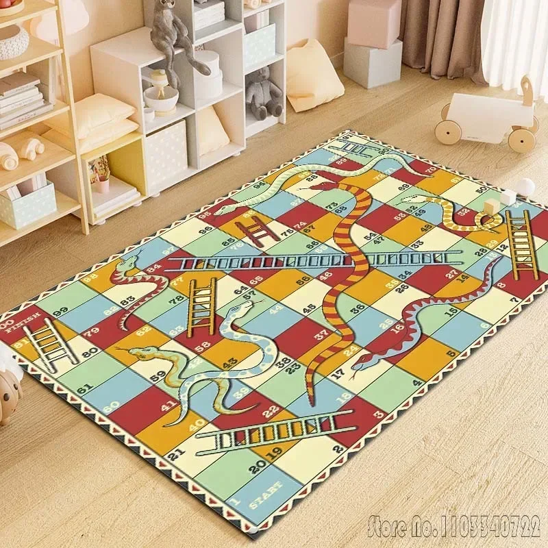 Board Game Snakes and Stairs Board Printing Carpet Rug for Home Living Room Decor Kids Play Area Rug Non-slip Floor Mat Gift