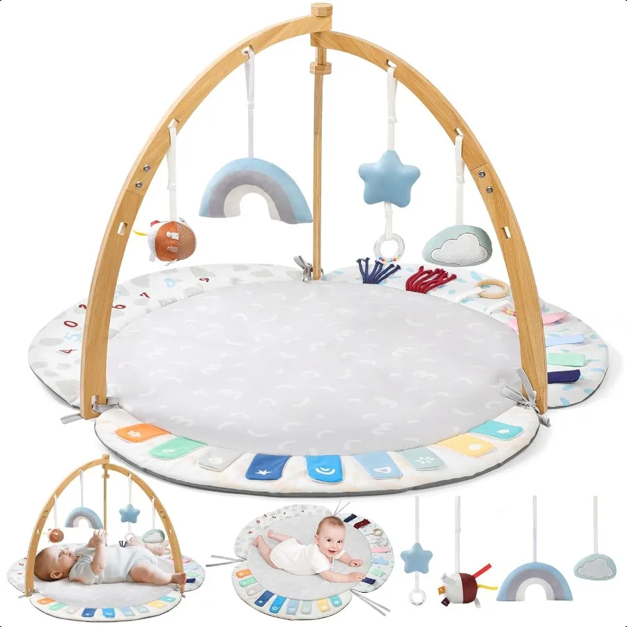 EXIN DECHEN Baby Play Gym Activity Mat إطار من الخيزران العضوي الطبيعي مع 4 ألعاب حسية قابلة للفصل بساط لعب وقت البطن لـ B