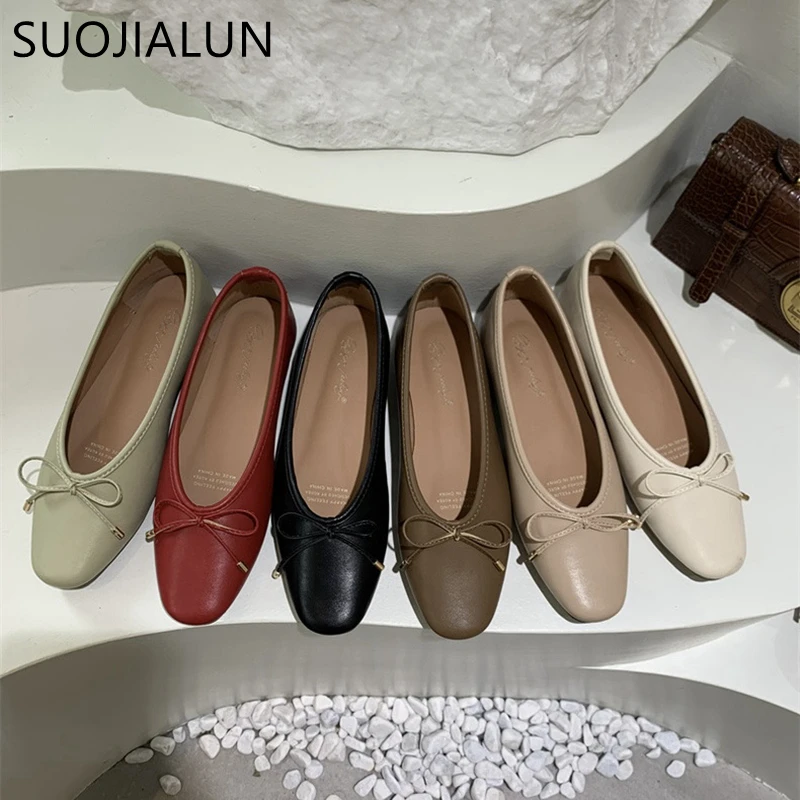 SUOJIALUN 2024 Spring New Brand Women Flat Shoes Round Toe Shallow Slip On Ballerinas Shoes Soft Flat Casual Dress Ballet Shoes