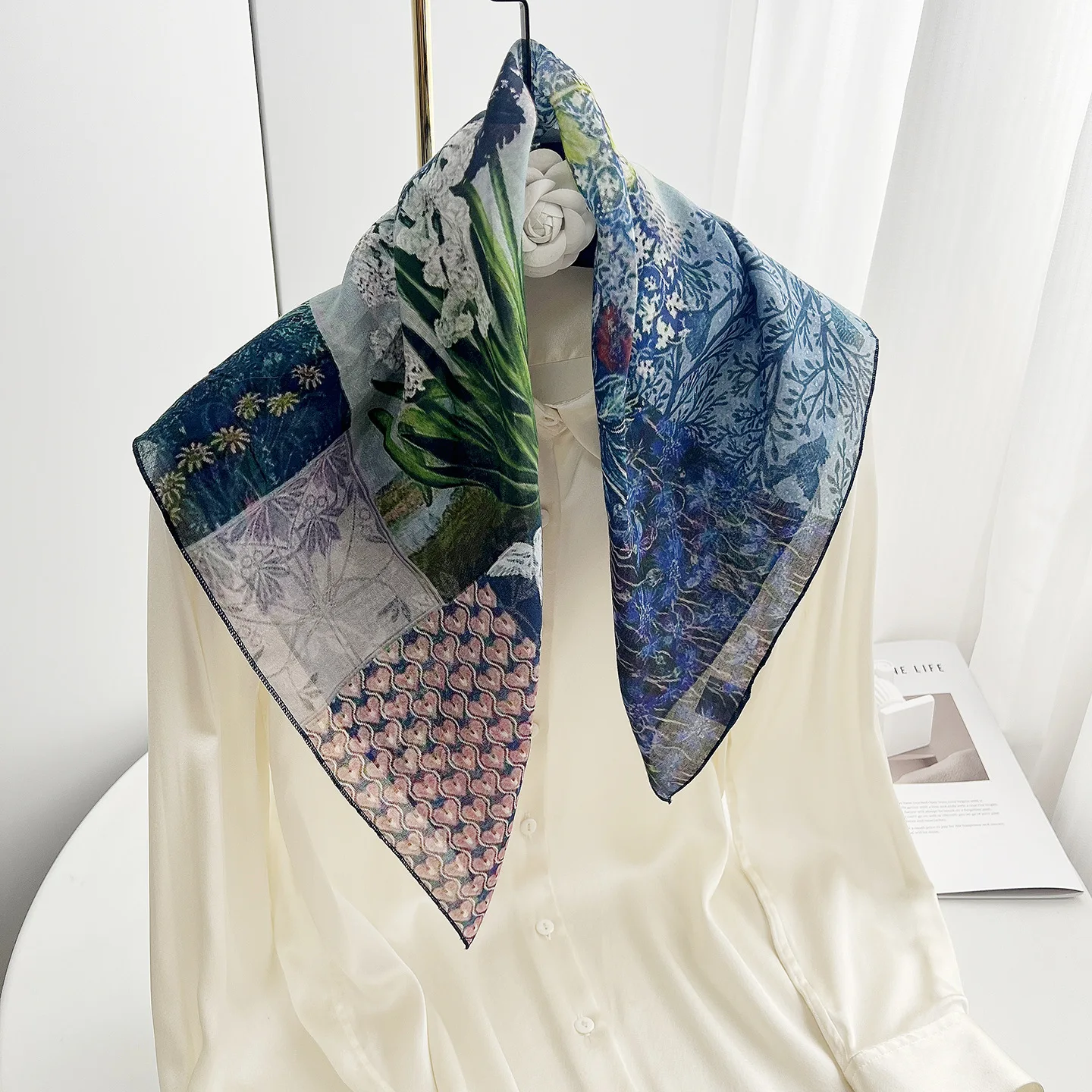 

Retro French Style Square Scarf Cotton New Lightweight Spring Summer Artistic Office Daily Wear Neckerchief Shawl Accessory