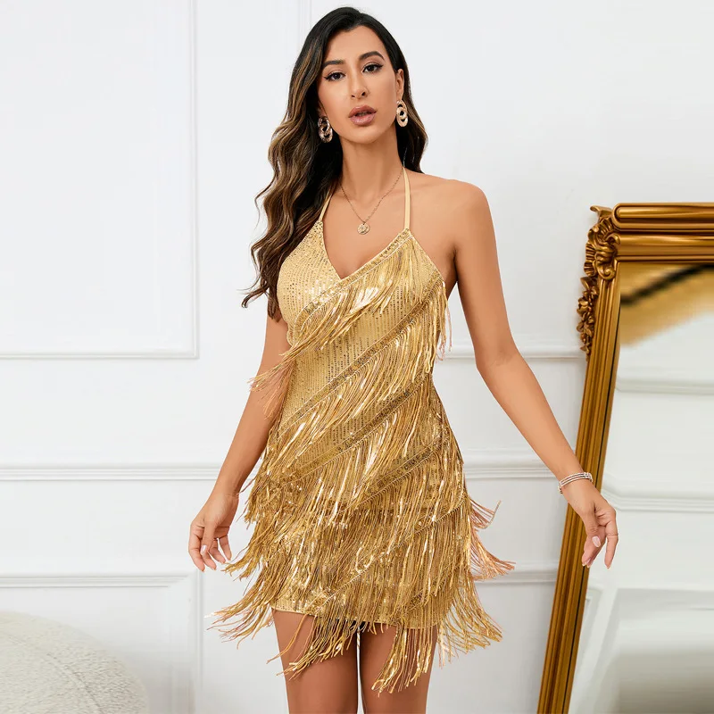 

2025 INS Fashion Solid Color Women Hanging Neck Tie V-neck Sequin Skirt Dress Sexy Ladies Shinny Tassel Cocktail Party Dresses