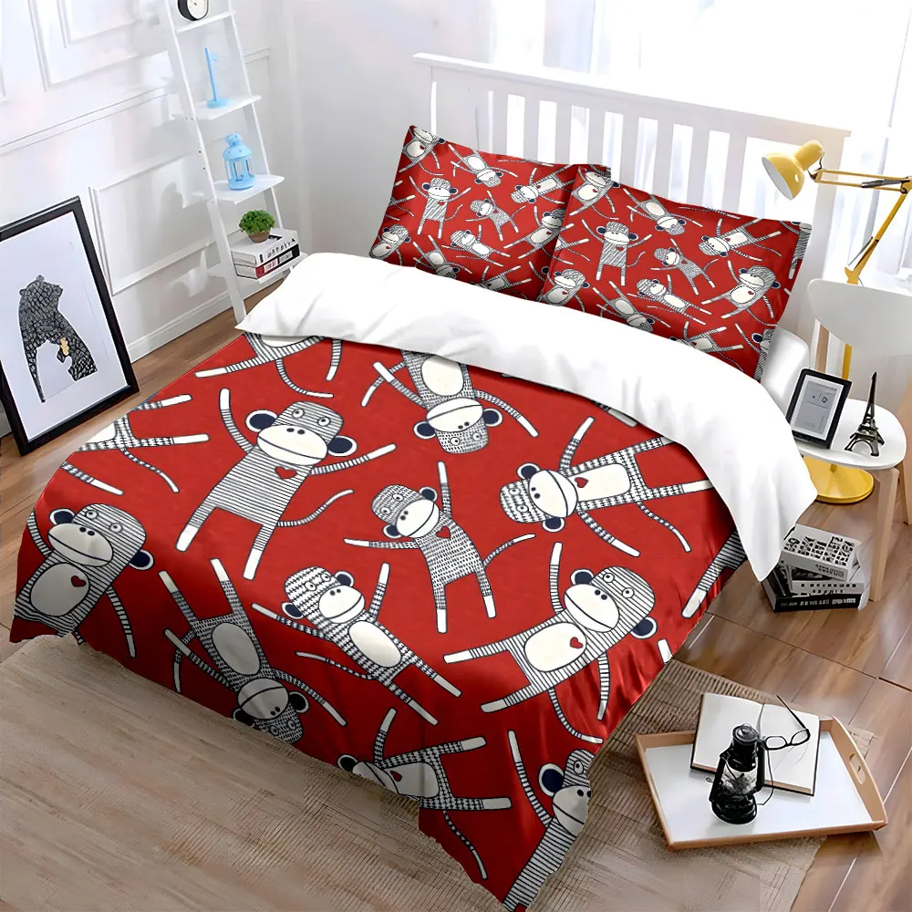 Cartoon monkeys on red background Print Bedding Set 1 Duvet Cover 2 Pillowcases for Adult and Children Luxury Gift Full Size