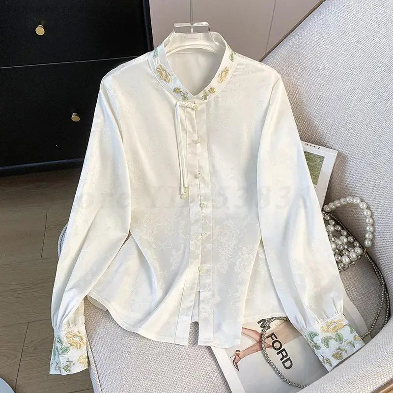 

Жаккардовая рубашка с воротником-стойкой в стиле ретро, одежда в китайском стиле с вышивкой Тан, топ, повседневная блузка с длинными рукавами, улучшенные элегантные рубашки