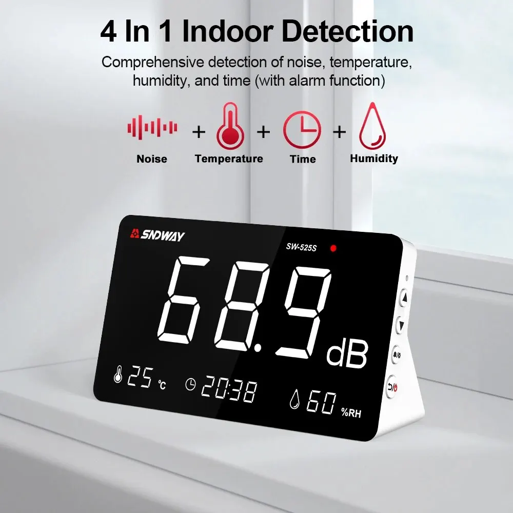 SNDWAY 4 in 1 Decibel Meter Sound Level Meter 30dB to 130dB Audio Noise Monitoring Tester with Temperature Humidity Meter / Time