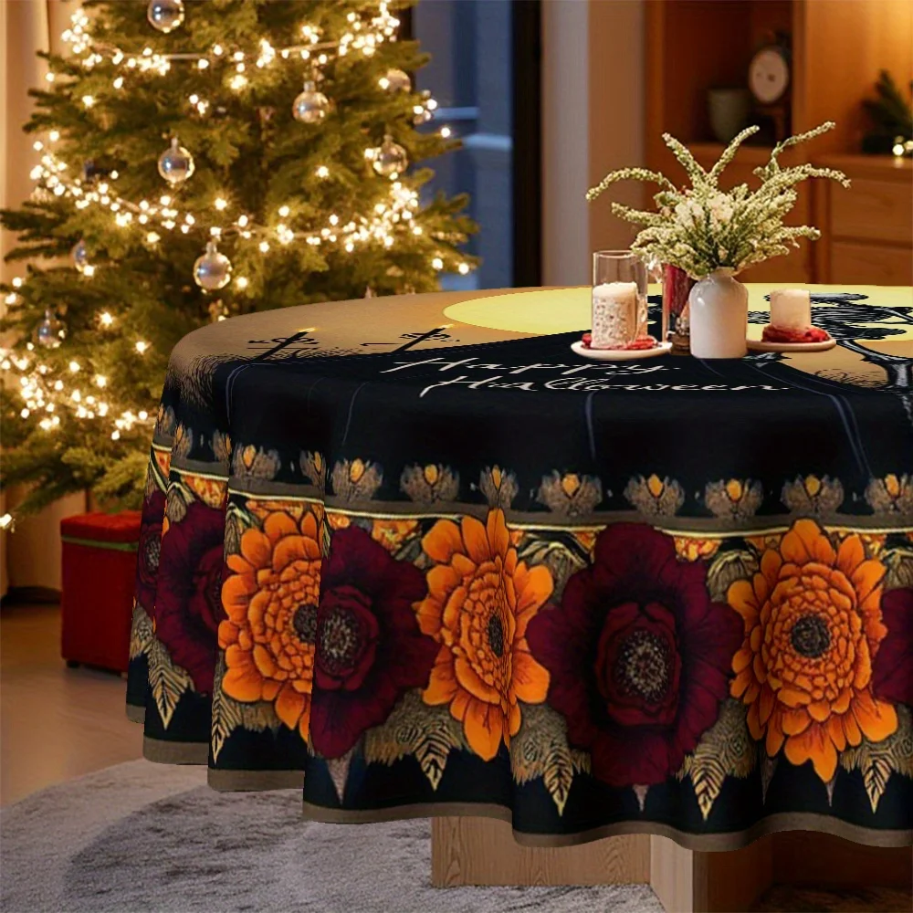 One circular tablecloth for Christmas and Halloween themes, depicting a pair of dancing skeletons under the moonlight.