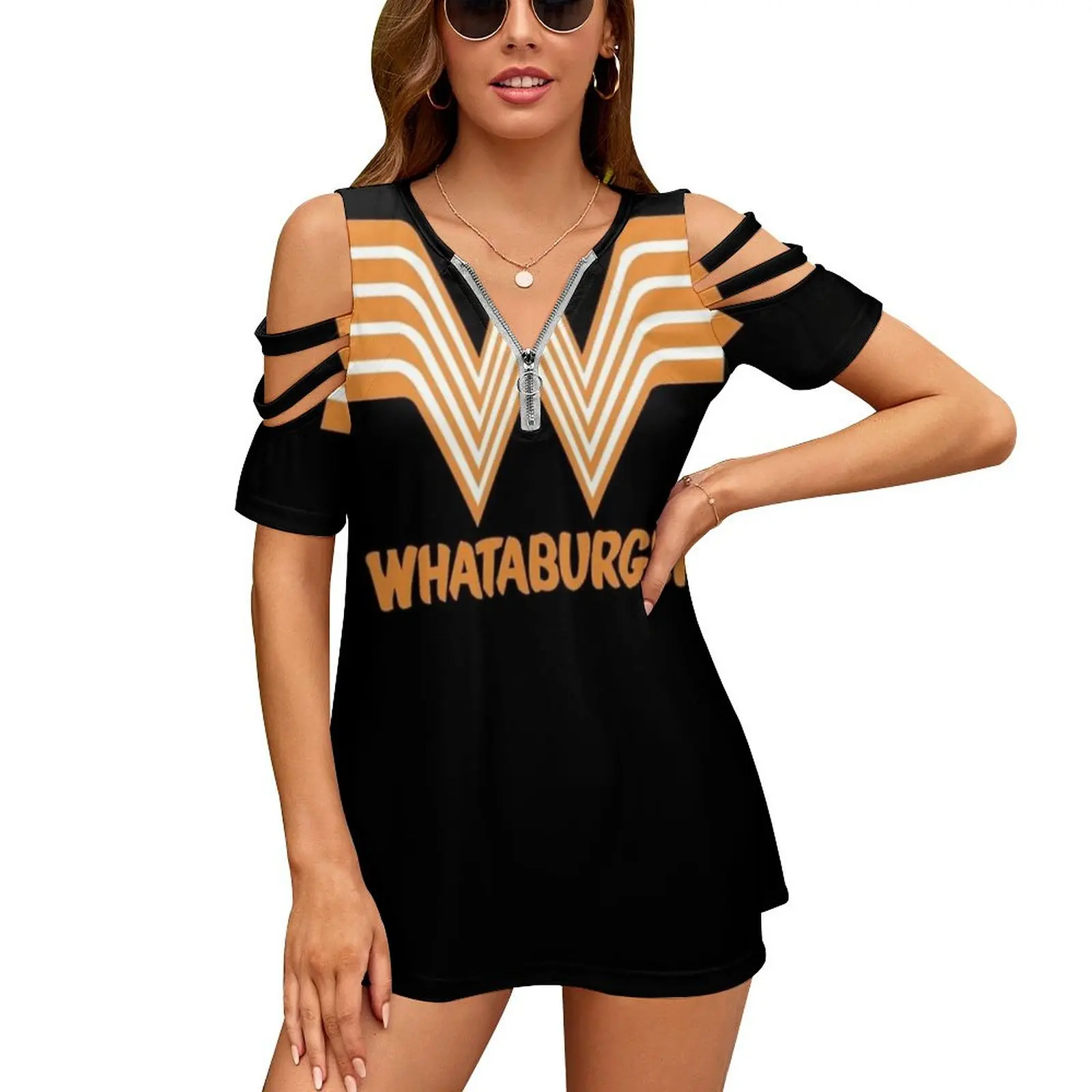 Best Whataburger-Logo Women's T-Shirt New Fashion Printed Zipper V-Neck Short Sleeve T Shirts Casual Plus Size Icon Food