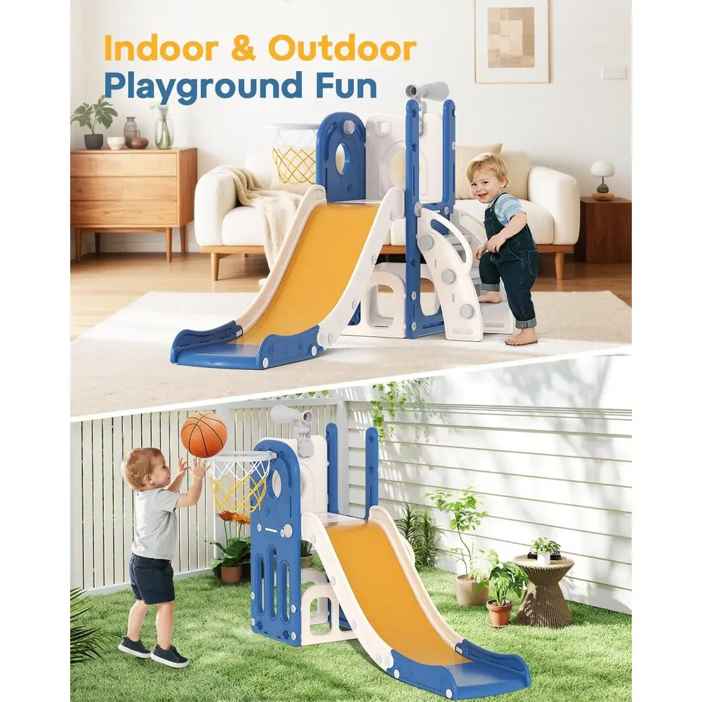 Glissière pour tout-petits 6 en 1, centre de jeu intérieur et extérieur avec basket-ball et télescope, pour les 1 à 3 ans, bleu et jaune