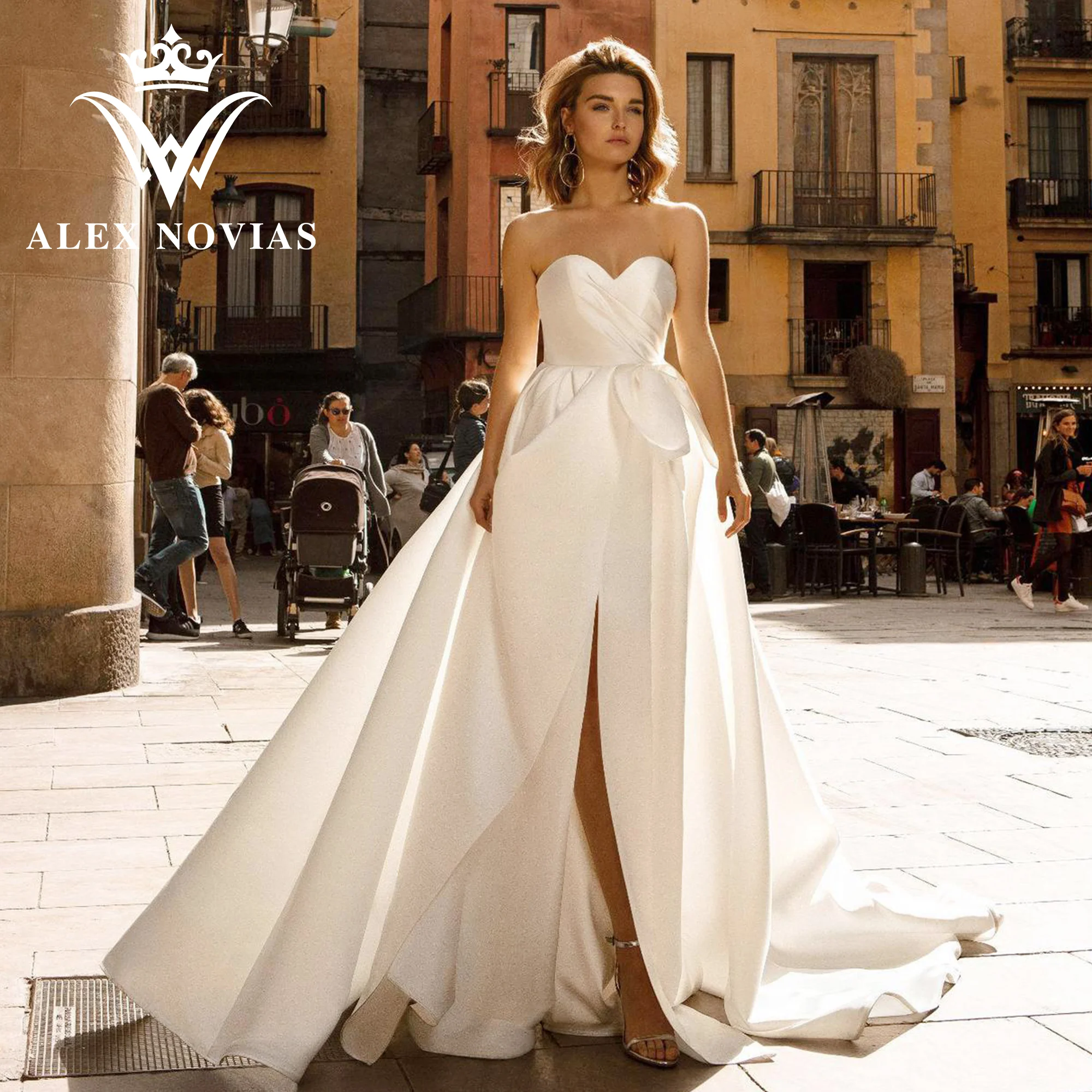 ALEX NOVIAS A-Line Wedding Dress High Quality 2023 Strapless Sweetheart Slit-Hem Bow Simple Satin Wedding Gown Vestidos De Novia