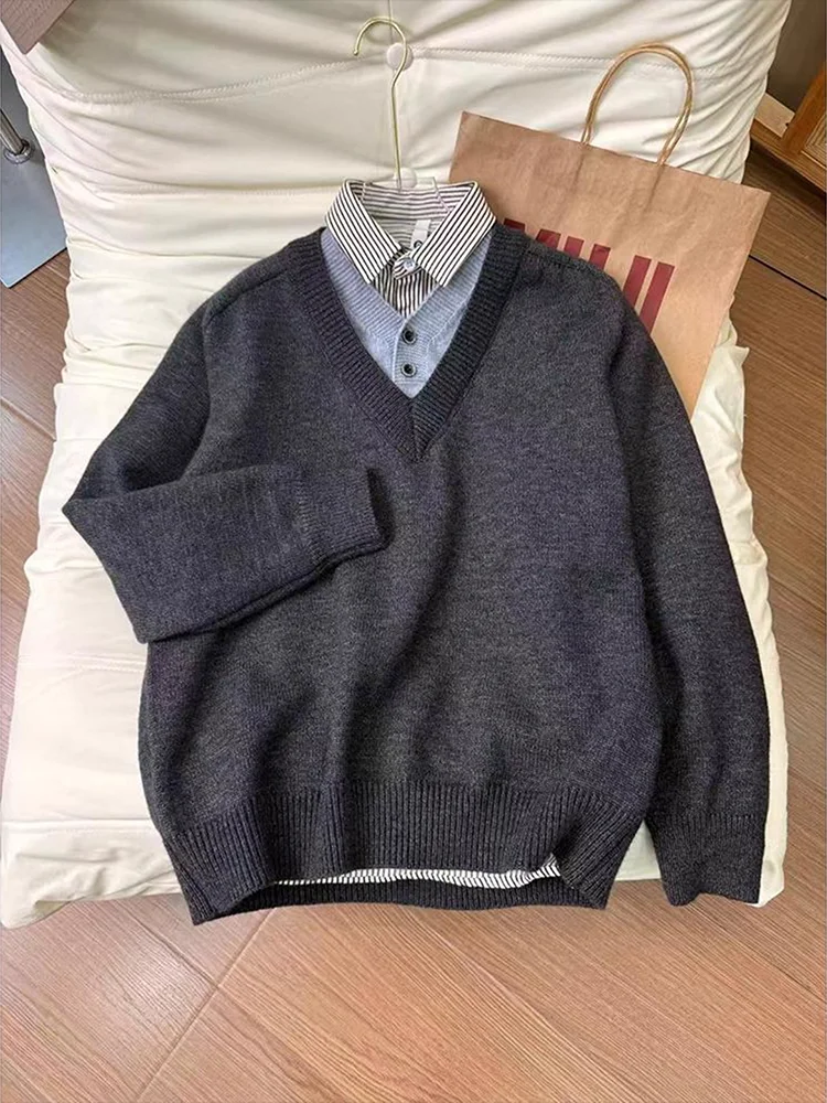 

Deep ey American Sle V-Ne Sweater Men's Autumn Winter Loose Fit Warm Inner Wear Knitted irt Casual Loose Feeling Top