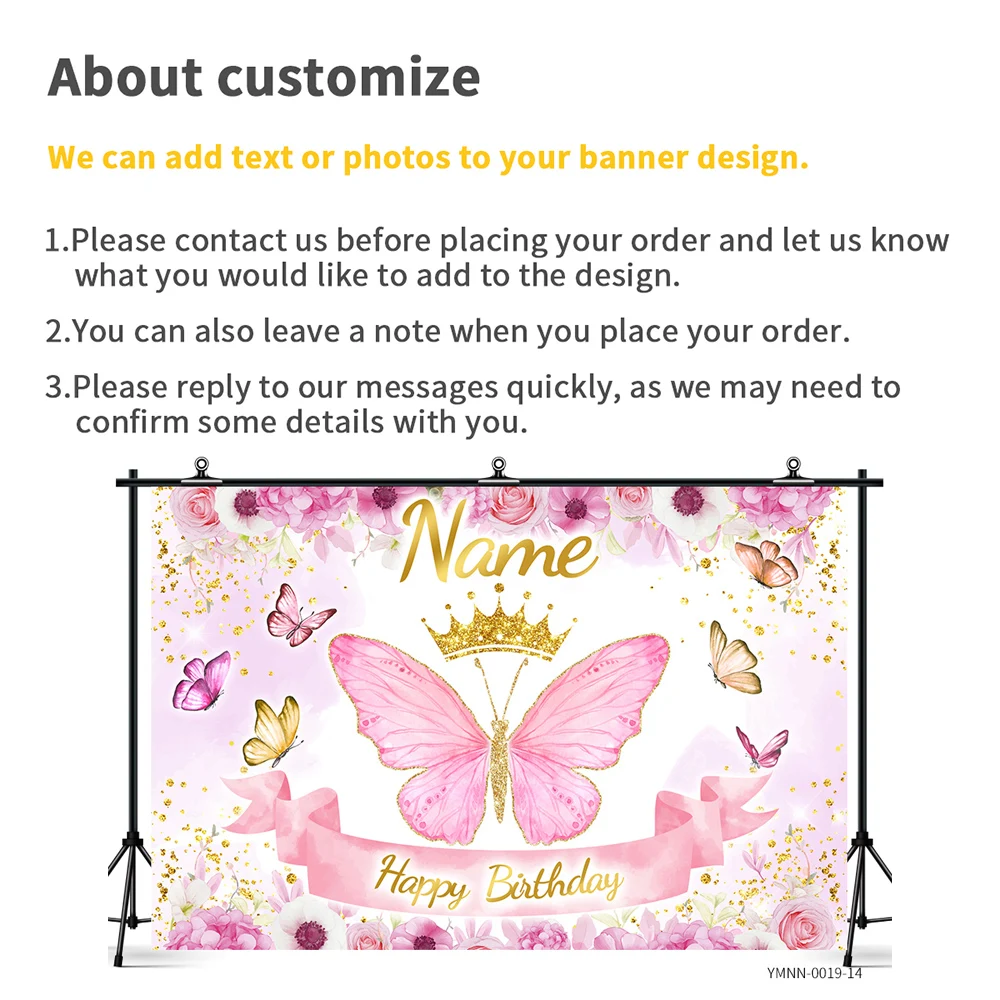 Nazwa własna Urodzinowy baner tła fotograficznego - motyw księżniczki Kwiatowy motyl Tło z brokatem dla dziewcząt Party Decor — zdjęcie produktu 4