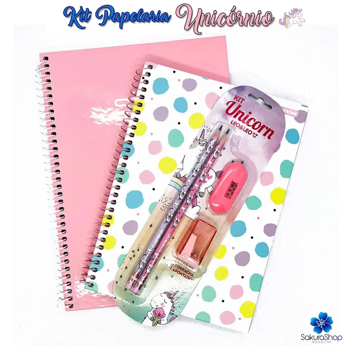 Kit Papelaria Fofa Unicornio Kawaii Caderno Lapis Borracha Apontador