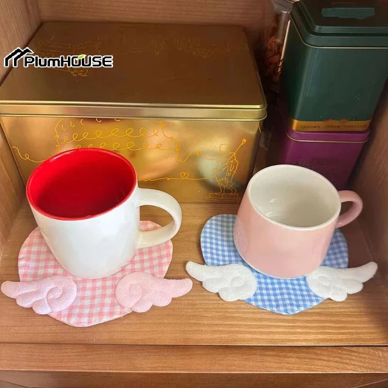 1Pcs Aesthetic Plaid Anti Scald Table Mat Sweet Girly Angel Wing Heart Coaster Cute Desk Decor Birthday Gift view 6