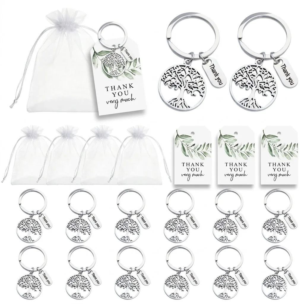 60 pièces, ensemble de 20 porte-clés Arbre de Vie avec 20 cartes de remerciement à feuilles vertes, et 20 sacs en organza blanc, et 20 porte-clés creux