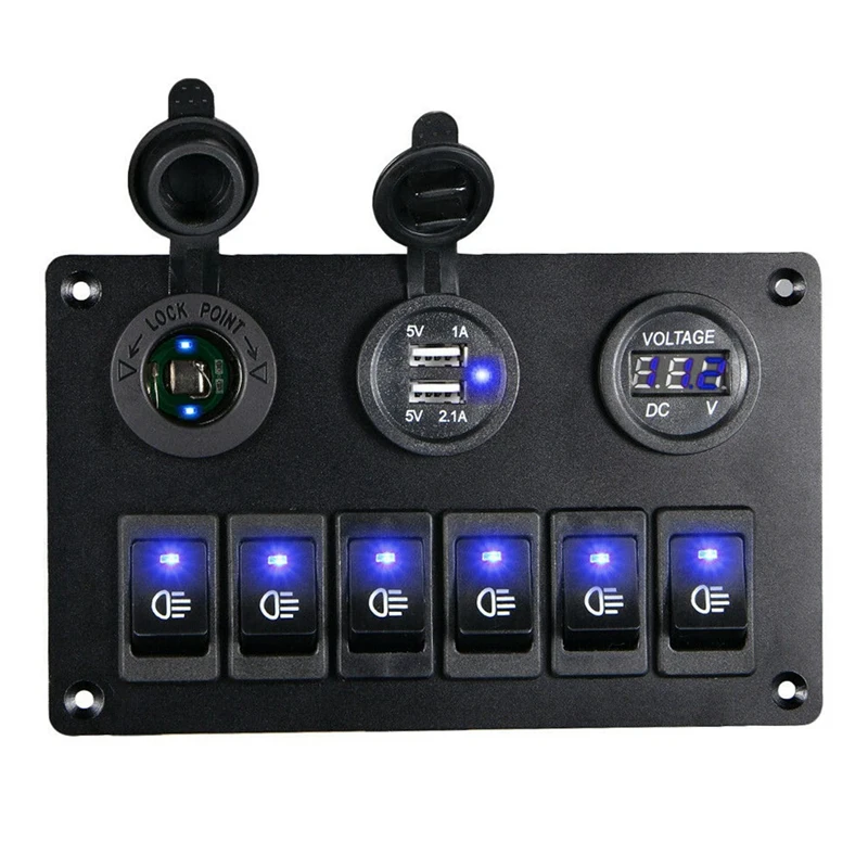 2X 6 Gang Switch Panel With 12V-24V LED Digital Voltmeter Dual USB Charger Lighter Socket For RV Truck Boat SUV