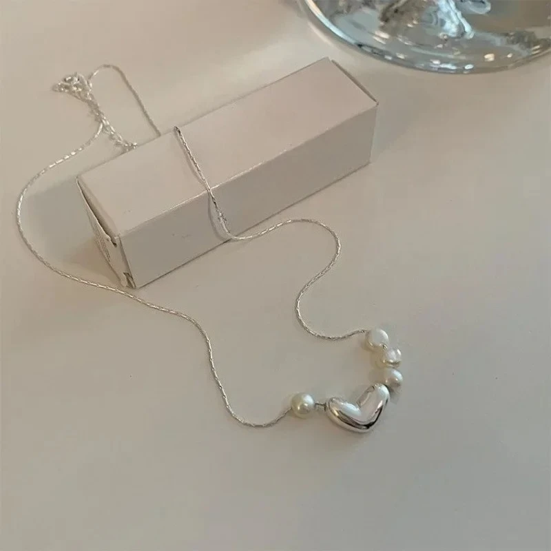 925 Silver Love Heart Pearl Necklace for Women Gift Korean Versatile Simplicity Irregular Jewelry Dropshipping
