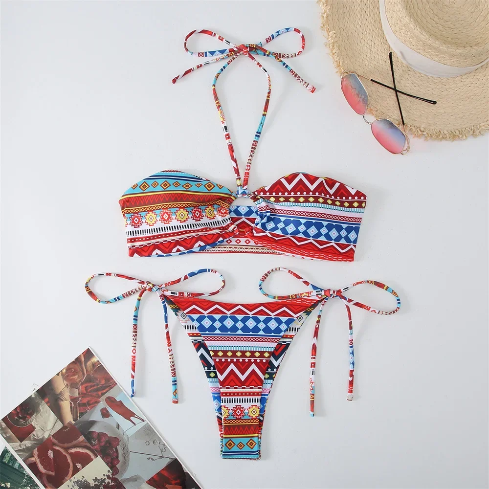 nadruk boho mikro bikini stringi stringi bandeau strój kąpielowy vintage wakacje stroje kąpielowe kobiety Trend kostiumy kąpielowe plażowe Biquini