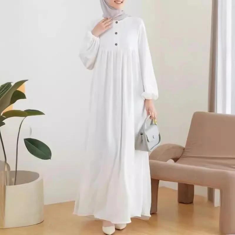 Casual Puffed Sleeves Simple Solid Color Dress for Women Islam Muslim Dress Women Clothes Dubai Abayas African Robe Musulmane