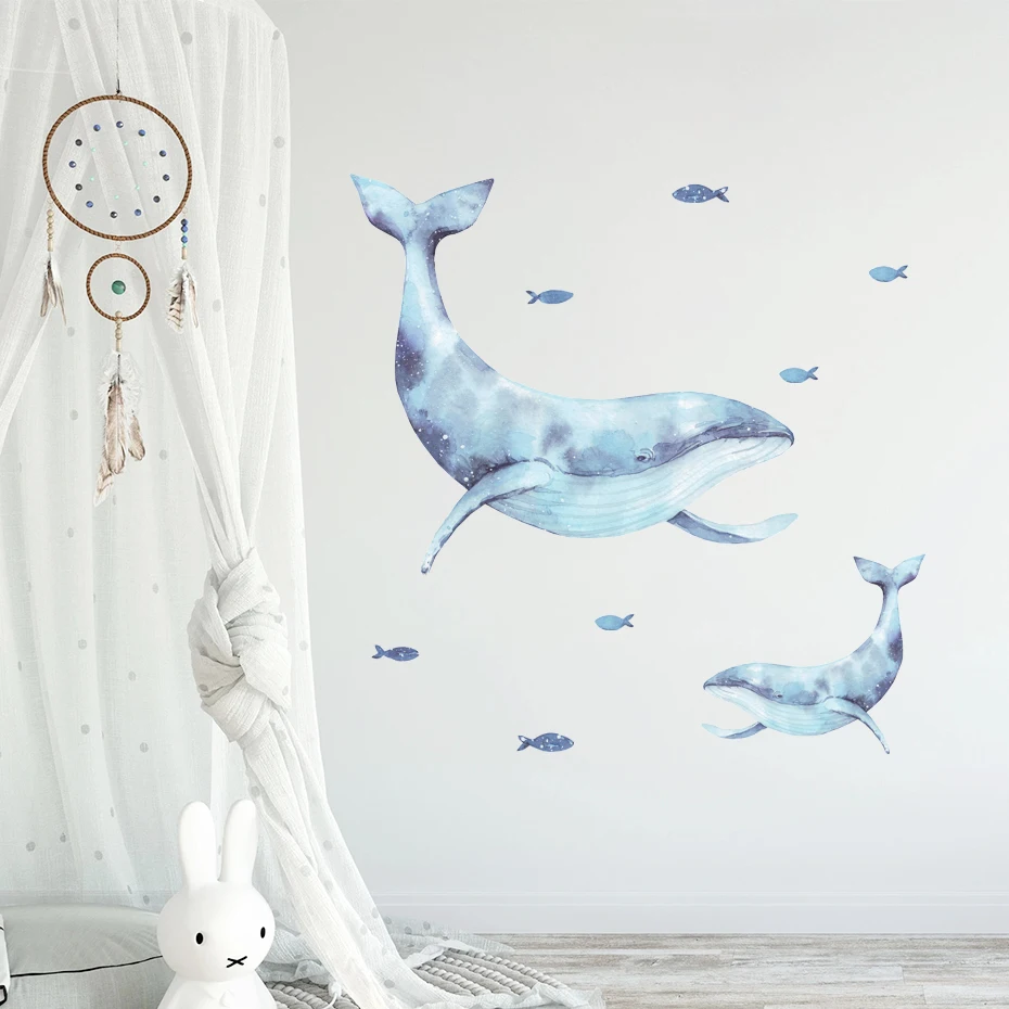 

Blue Whale Watercolor Underwater Animal Nursery Wall Stickers Removable Peel and Stick Wall Decals Kids Room Interior Home Decor