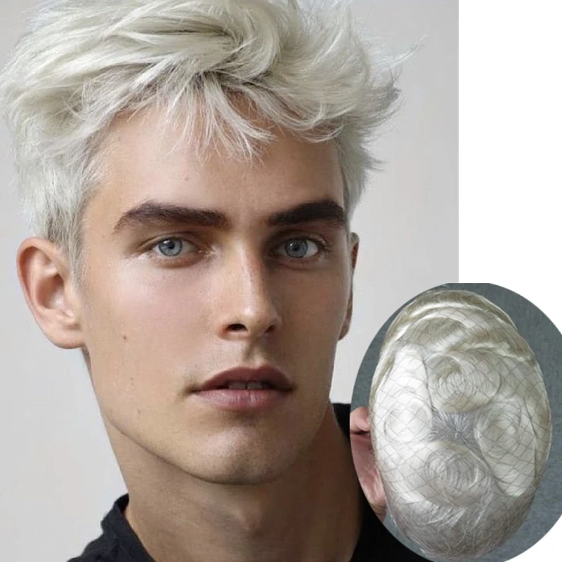 Rubio Platino # 60R encaje suizo completo cabello humano gris negro viejo peluquín para hombres transpirable prótesis capilar masculina nudos blanqueados