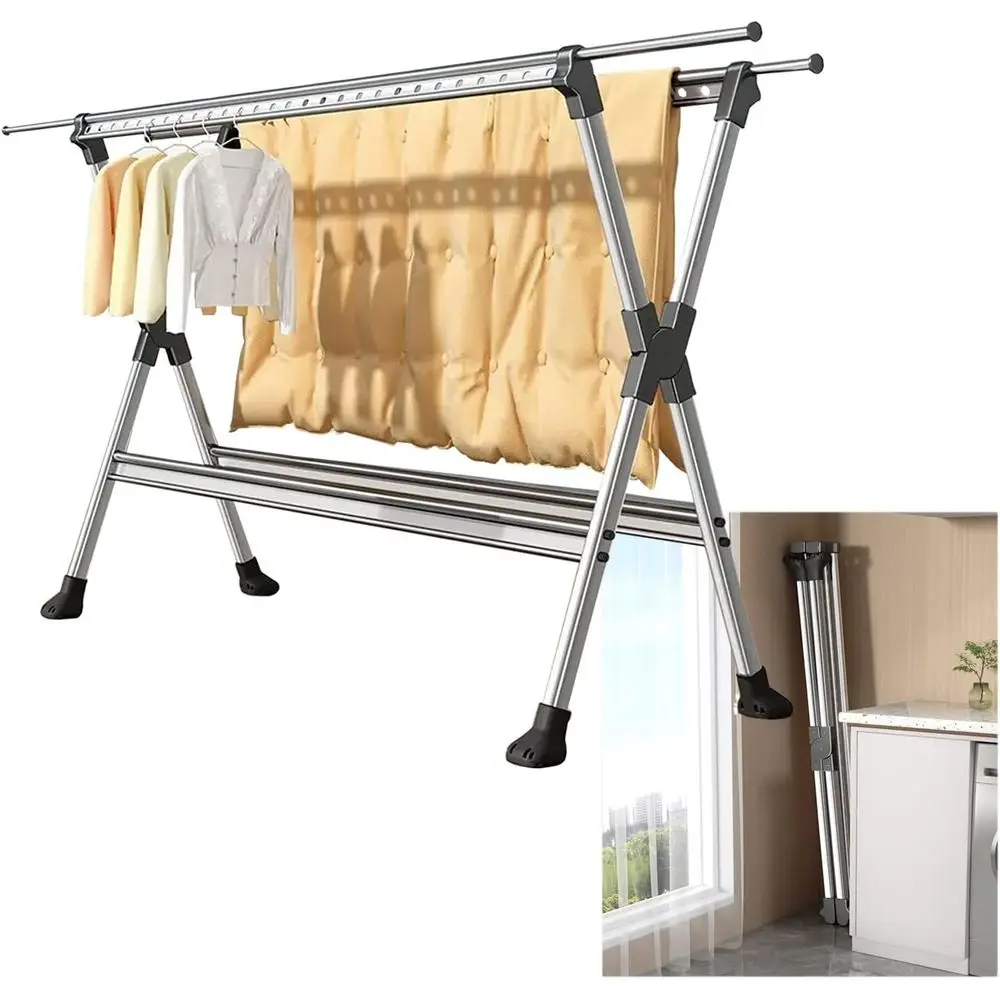 

Напольная выдвижная сушилка для белья, грузоподъемность 60 кг, многофункциональная настенная вешалка для стирки (серебристая)