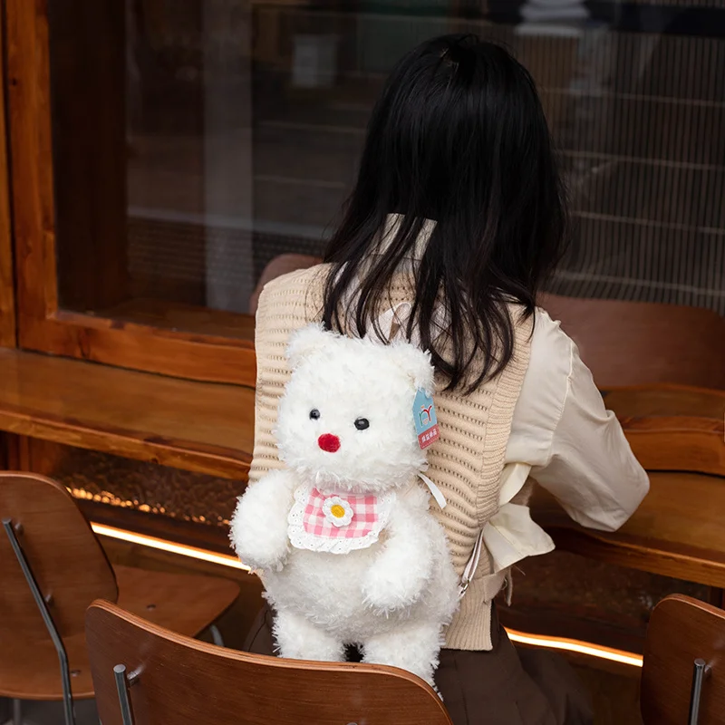부드러운 버터 테디 베어 봉제 배낭, 카와이 턱받이 동물 더블 숄더백, 다크 브라운 및 화이트 지갑, 배송 가방 선물, 43x22x12cm