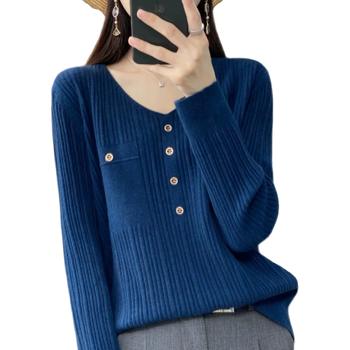 Faionable V-Ne-suéter de lana tejido para mujer, informal, holgado, largo, Color Sve, decorado con diamantes, ropa de abrigo Camere