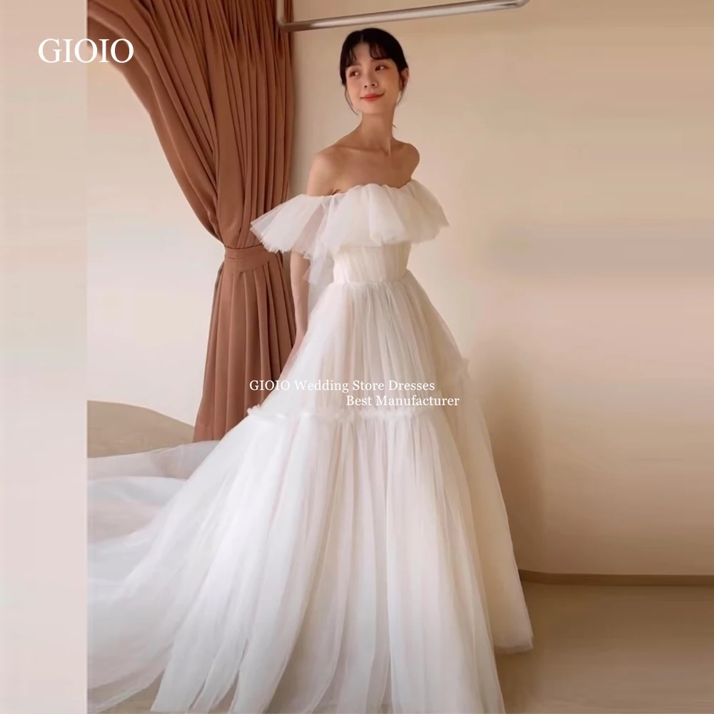 

GIOIO Sweet Romantic Korean Princess Wedding Dress One Shoulder Tulle Bridal Gown Puffy Skirt Long Train Photo Shoot Customized